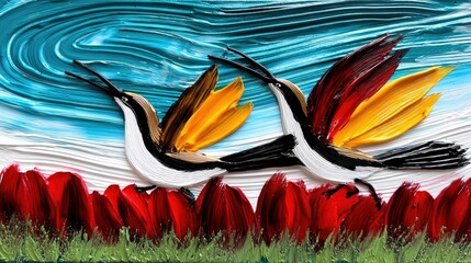 Fototapeta premium A textured painting depicts two hummingbirds in flight above a bed of red tulips, with a dynamic, abstract sky in the background.