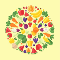A vibrant circular arrangement of fresh fruits and vegetables on a light yellow background.