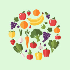 A circular arrangement of various colorful fruits and vegetables in a flat design vector illustration style on a light green background.