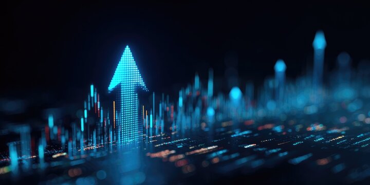 Arrow pointing upwards on abstract graph with data in a digital space