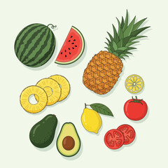 A vibrant collection of illustrated whole and sliced fruits and vegetables on a light background.