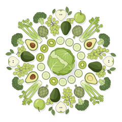 A vibrant circular arrangement of various green fruits and vegetables, including cabbage, broccoli, celery, avocado, kiwi, and grapes, on a white background.