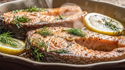 salmon culinary display, fresh herb infused salmon presentation, tasty seared salmon served with lemon slices, refined crispy salmon fillets decorated with citrus and dill garnish.