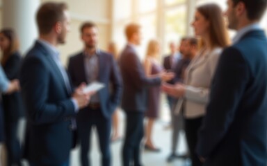 Networking Reception Blur – A blurred background of a business networking reception with professionals mingling and exchanging contacts. High quality