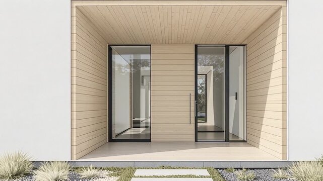 Close Up Of Modern Wooden Entrance And Glass Doors