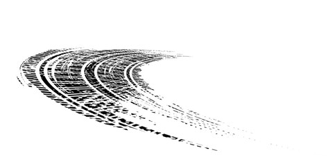 Grunge tire track, wheel braking marks. Truck, car or motorcycle tread pattern silhouette. Auto race, motorsport, speed racing design element. Vector illustration