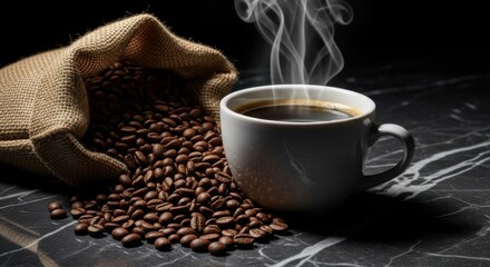 Freshly brewed coffee beside a bag of roasted beans on a marble surface with visible steam