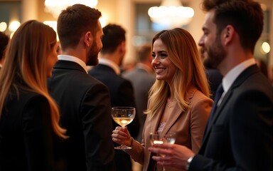 A group of business professionals networking at a cocktail event, with elegant attire and a sophisticated ambiance. High quality
