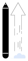 Black pencil beside upward arrow with speed lines and minimal cloud. Ideal for creativity, growth, progress, innovation, education, ambition, productivity. Simple flat metaphor