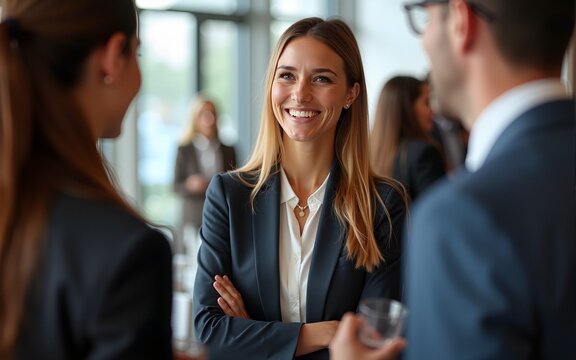 Professionals forging connections at a business networking event. High quality