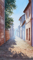 Obraz premium Breathtaking Watercolor Scene Capturing a Tranquil Street with Historical Buildings Bathed in Soft Light and Shadows, Perfect for Art Lovers and Travel Enthusiasts Alike