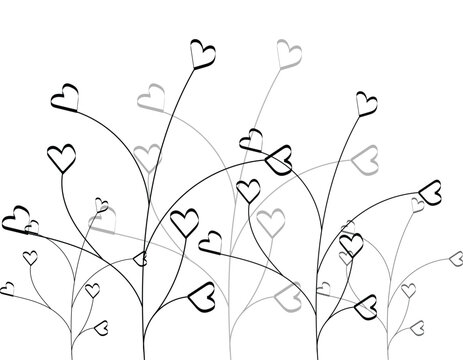 minimal heart-shaped floral lines forming romantic abstract pattern, abstract heart flower stems creating elegant romantic illustration, line art hearts growing like flowers in modern minimal 