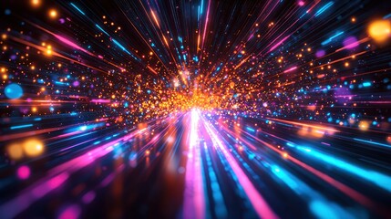 Fototapeta premium Dazzling streaks of bright, neon pink, orange, and blue light speed outward