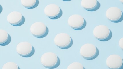 White pills, scattered on blue background, top view