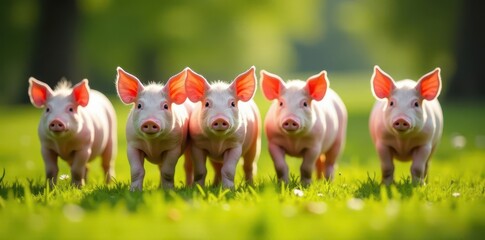 A herd of pink pigs stand in a grassy field, sunlight dappled , field, swine