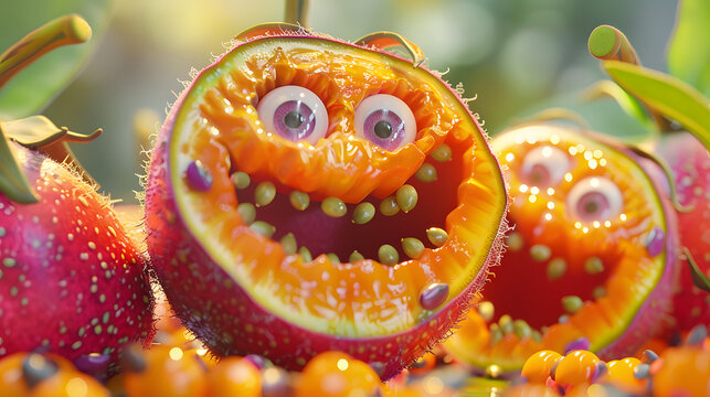 3d passionfruit character cracked open showing
