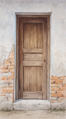 Fototapeta premium Explore the Beauty of Rustic Architecture: A Watercolor Depiction of an Inviting Wooden Door Framed by Weathered Brick and Textured Walls