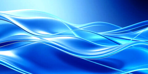 Naklejka premium Flowing waves of metallic blue glass structures, smooth reflective contours, soft neon edge lighting, abstract motion, luxury futuristic technology style, elegant gradient background.