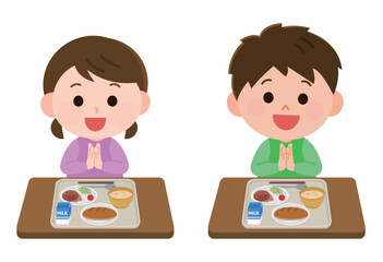 給食を食べる男の子と女の子　イラスト