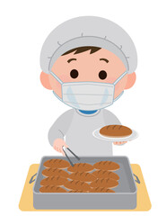 給食当番でパンを盛り付ける男の子　マスク装着　イラスト