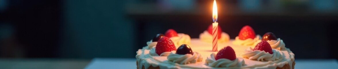 A single lit candle on a frosted birthday cake , cherry, cake
