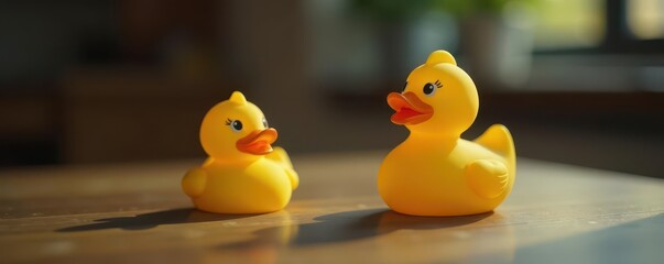A single rubber duck sits on a polished wooden surface , isolated, image, elegant