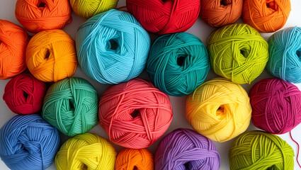 A rich and colorful collection of various yarn balls, ready for knitting or crocheting projects.