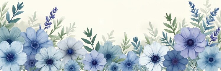 Watercolor floral border in soft blue and white hues. Delicate blooms and leaves create a serene natural frame. Artwork for spring or summer themes.