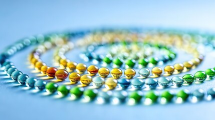 Colorful glass marbles, arranged in a spiral pattern, on a light blue background, close-up, copy space.