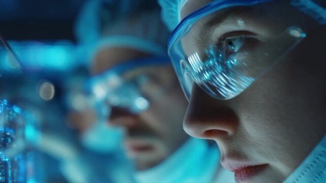 Vaccine development research, scientist inspecting vial through glass barrier, team analyzing molecular charts on monitors.