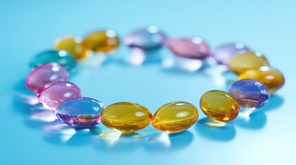 Colorful oval glass beads, arranged in a circle, on a light blue background, close - up, copy space.