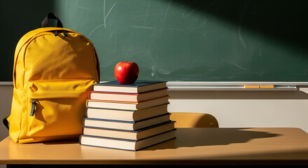 Yellow backpack with books and apple in classroom with sunlight, chalkboard with copy space on background. Back to school concept, education. Schools and colleges, university