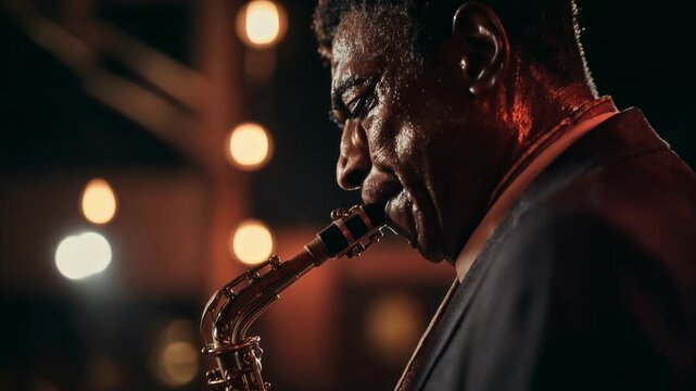 Elderly jazz musician playing saxophone in warm bar lighting, expressing passion, art, and emotion in cinematic portrait of music culture.