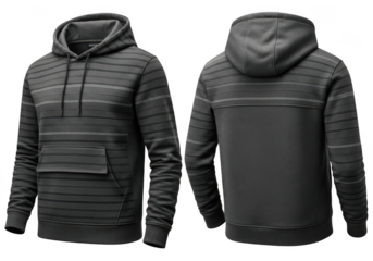 Realistic 3d rendering of a dark gray knitted hoodie with horizontal stripe pattern, front and back view, isolated on transparent background