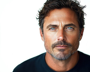 Fototapeta premium Hyperrealistic portrait of contemplative middle-aged man with piercing blue eyes and rugged features on isolated white background