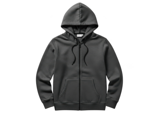 Plain dark gray zipup hooded sweatshirt or hoodie for men or women, isolated on transparent background