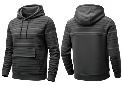 Realistic 3d rendering of a dark gray knitted hoodie with horizontal stripe pattern, front and back view, isolated on transparent background