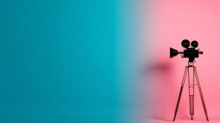 Minimalist Movie Design Conceptม A vintage film camera stands against a split background of teal and pink, creating a vibrant and creative atmosphere.