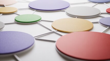 Colorful circular discs, connected by thin lines, on a white background, close - up, copy space.