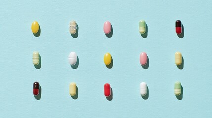 Colorful pills and capsules, various shapes and hues, on a light blue background, top view, copy space.