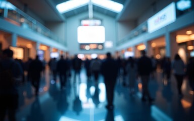 Blurred view of people in a convention center with bright lights and modern architecture in the background. High quality