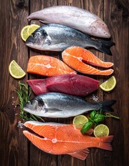Different types of raw fish on the wooden background
