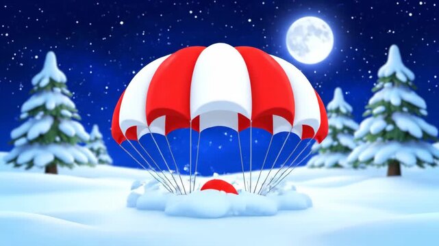 festive sky dive over winter woods, rejoicing santa parachuting during snowfall beneath bright moon, animated santa gracefully descends with parachute over snowy forest on full moon night.