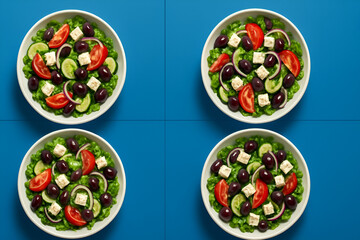 four Greek salad on Blue Background - Feels like an image inserted in a magazine