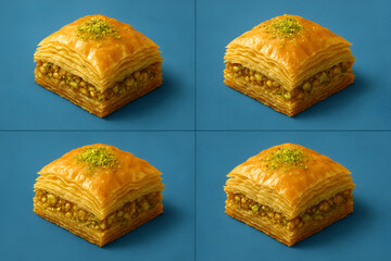 four Baklava on Blue Background - Feels like an image inserted in a magazine