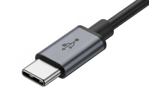 Close up of a modern usb type c connector end of a black cable, isolated on transparent background