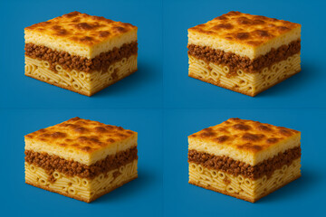 four Pastitsio on Blue Background - Feels like an image inserted in a magazine