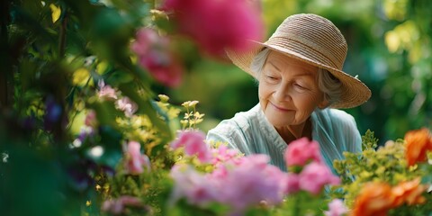 A peaceful and gentle portrait of an elderly woman with a straw hat, smiling softly while tending to a lush garden