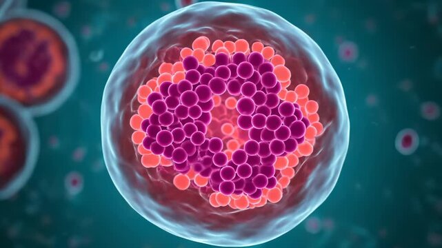 Embryo cells divide showing nucleus in microscopic view. Blastocyst forms during cell division. Medical animation shows embryo with nucleus. Cell reproduction creates blastocyst structure.