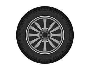 Graphic rendering showing a detailed, radial-spoked wheel with a black tire and silver accents against a white backdrop